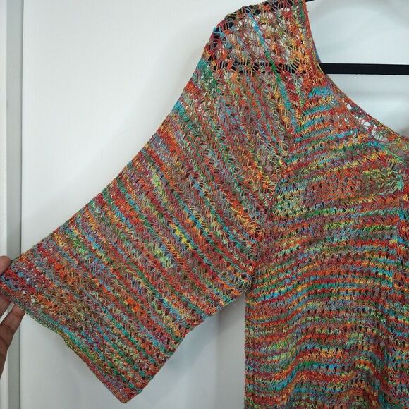 Fashion Avenue Open Knit Crochet V Neck Short Sleeve Cover-up Top Sz XL Rainbow - Picture 4 of 7